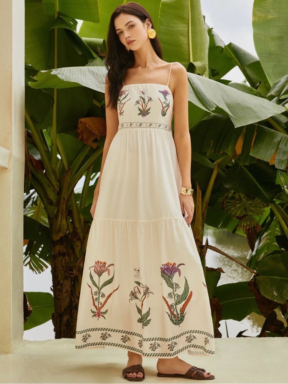Commense Cream Maxi Dress with Multicolor Floral Embroidery
